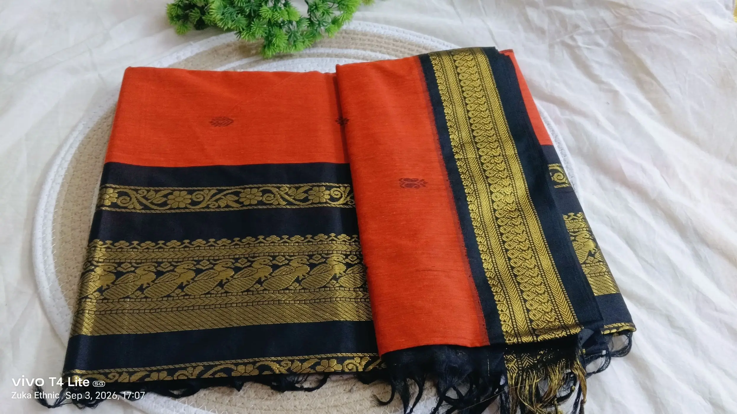 Kalyani plain cotton saree rust orange and black
