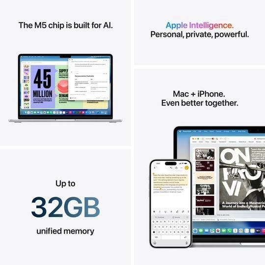Apple MDHE4HN/A MacBook Air 13 (10-core Apple M5 Chip/16 GB/512 GB SSD/Mac OS/Liquid Retina), 34.46 cm (13.6 inch), Midnight 8