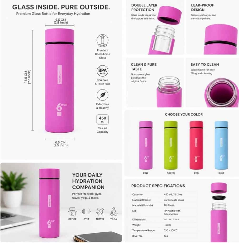 OUP glass water bottle with strong plastic outer shield 7
