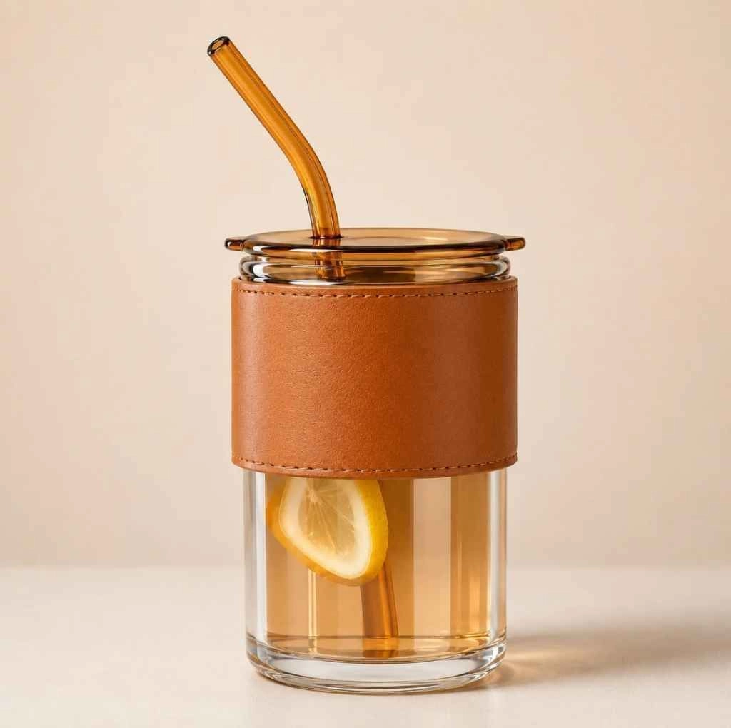 Glass tumbler with lid and straw 1
