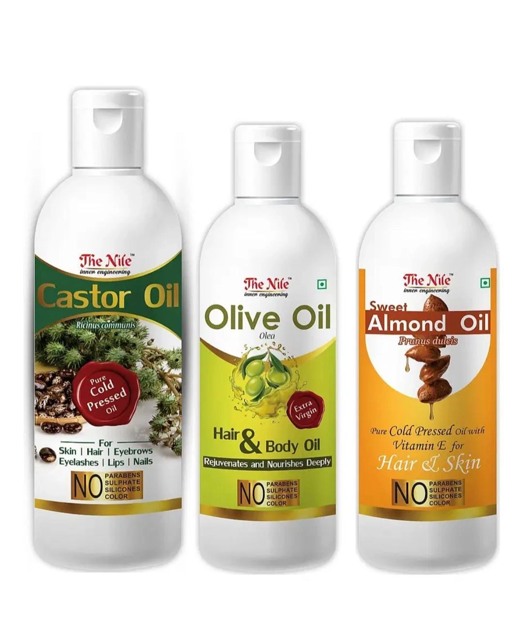 The Nile Castor Oil + Olive Oil + Sweet Almond Oil Combo - Pure Cold Pressed Oils for Hair & Skin - No Parabens, Sulphate, Silicones, Color - 100ml Each - Pack of 3