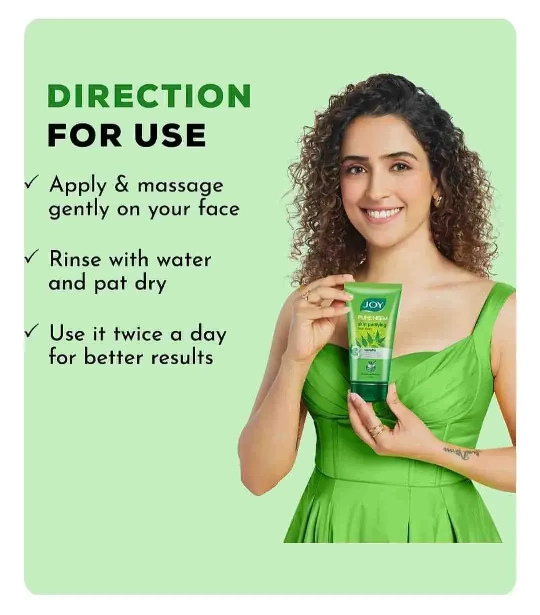Joy Pure Neem Skin Purifying Face Wash For Oily Skin - Fights Acne Pimples & Controls Excess Oil - With Neem & Salicylic Acid - 50ml Each - Pack of 3 (150ml) 3