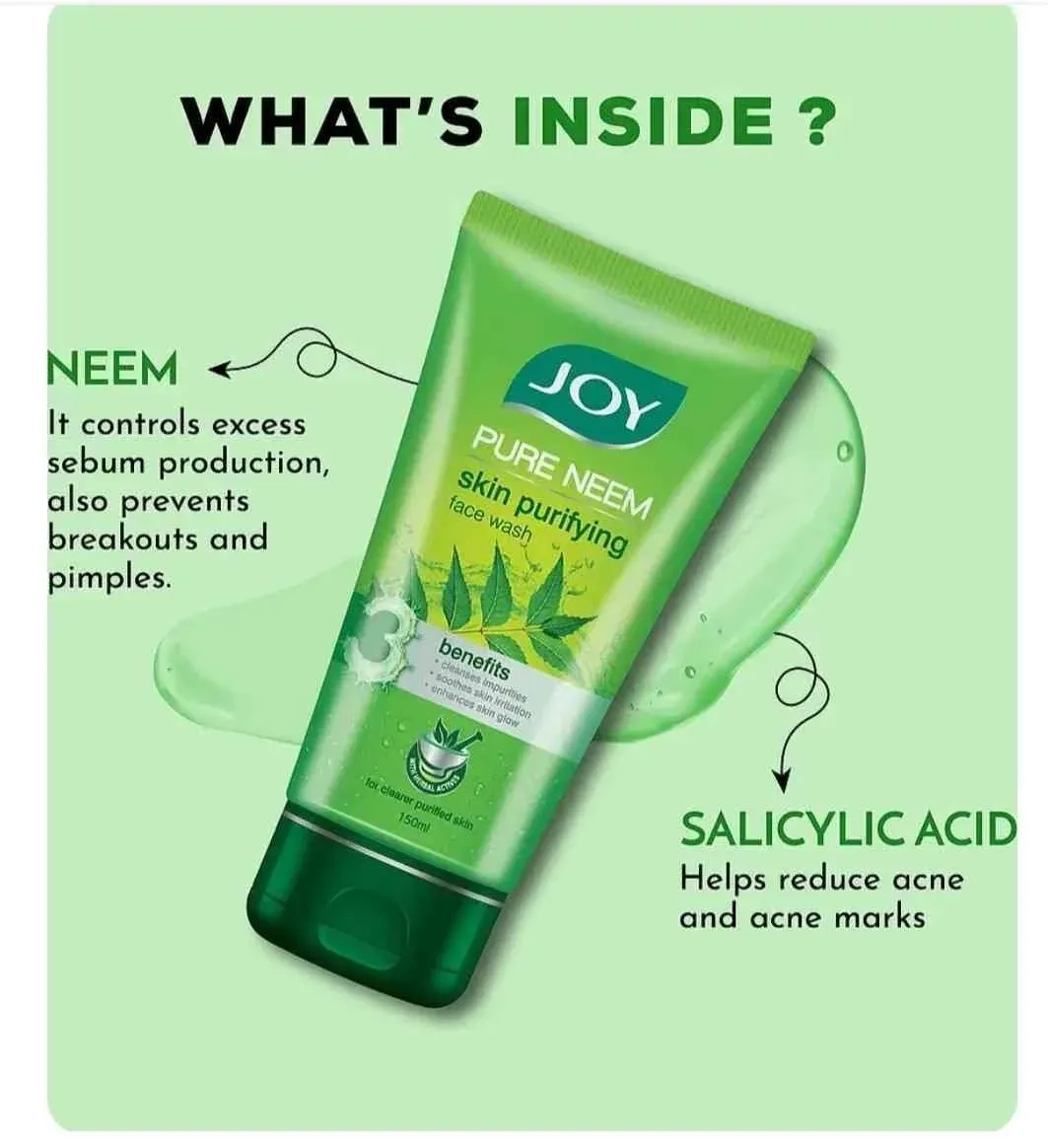 Joy Pure Neem Skin Purifying Face Wash For Oily Skin - Fights Acne Pimples & Controls Excess Oil - With Neem & Salicylic Acid - 50ml Each - Pack of 3 (150ml) 4
