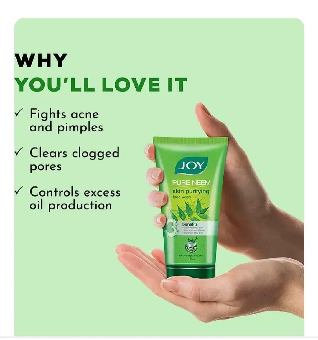 Joy Pure Neem Skin Purifying Face Wash For Oily Skin - Fights Acne Pimples & Controls Excess Oil - With Neem & Salicylic Acid - 50ml Each - Pack of 3 (150ml) 5