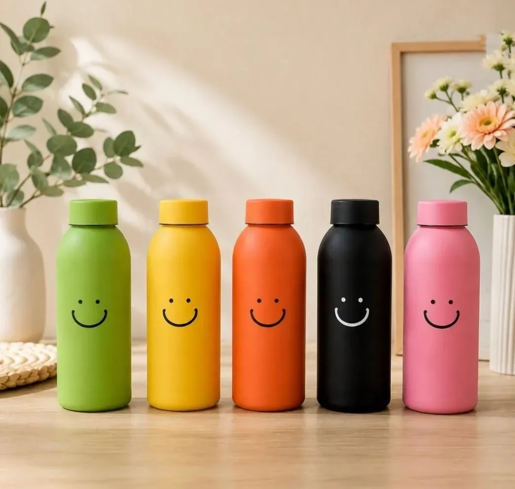 Cute smiley glass water bottle with outer plastic shield