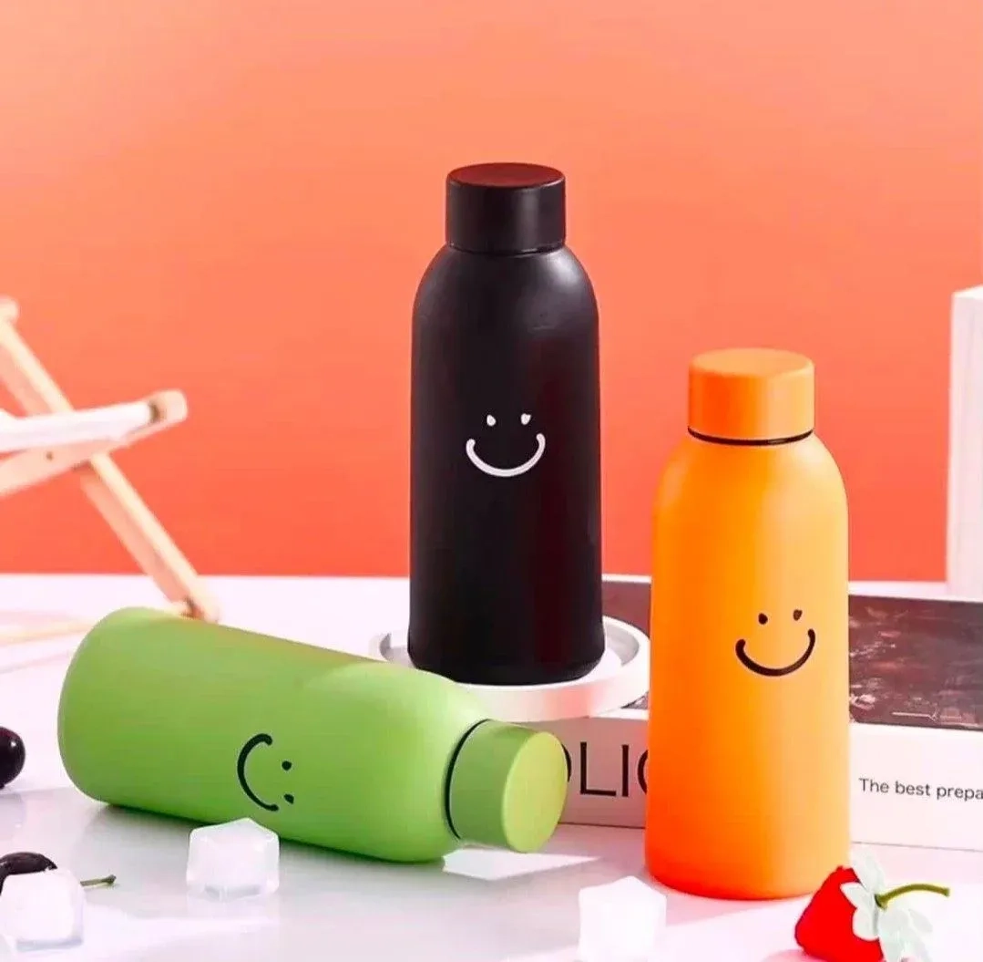 Cute smiley glass water bottle with outer plastic shield 6
