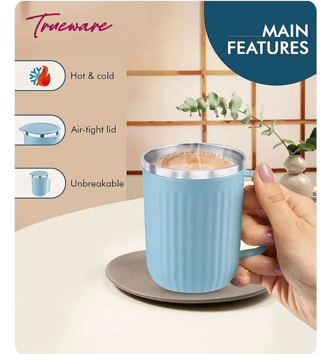 Coastal Double Walled Coffee Mug 300ml | Vacuum Insulated Stainless Steel Coffee Cup | Hot & Cold Travel Mug with Lid | Leakproof Reusable Tea Mug 6