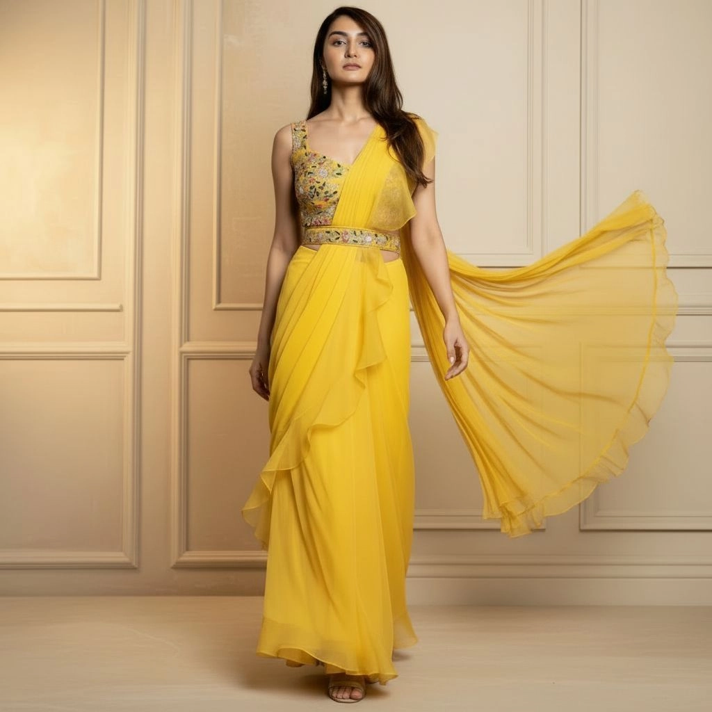 Stunning Designer Yellow Party Wear Lehenga Saree 2
