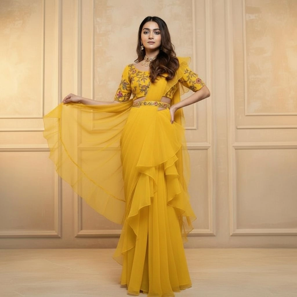 Stunning Designer Yellow Party Wear Lehenga Saree 3