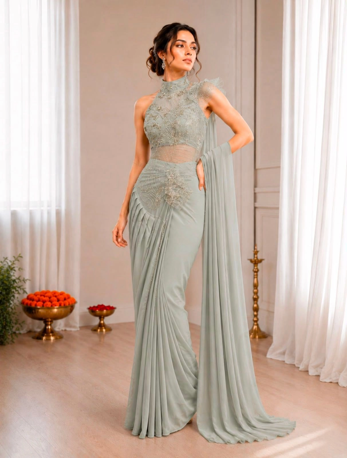 Trending Stylish Ready‑to‑Wear Saree Set with Embroidery Work 1