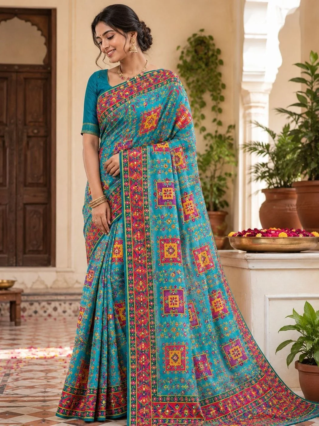Peacock Blue Chinon Printed Saree with Real Mirror Work 1