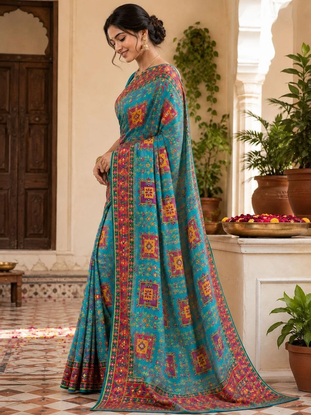 Peacock Blue Chinon Printed Saree with Real Mirror Work 2