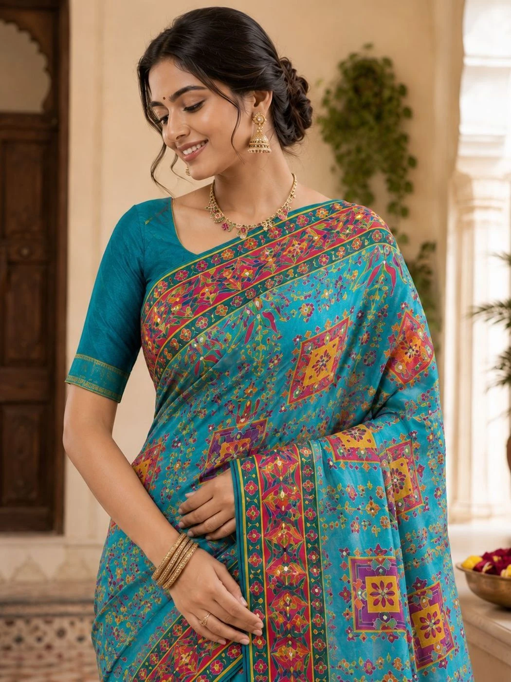 Peacock Blue Chinon Printed Saree with Real Mirror Work 3