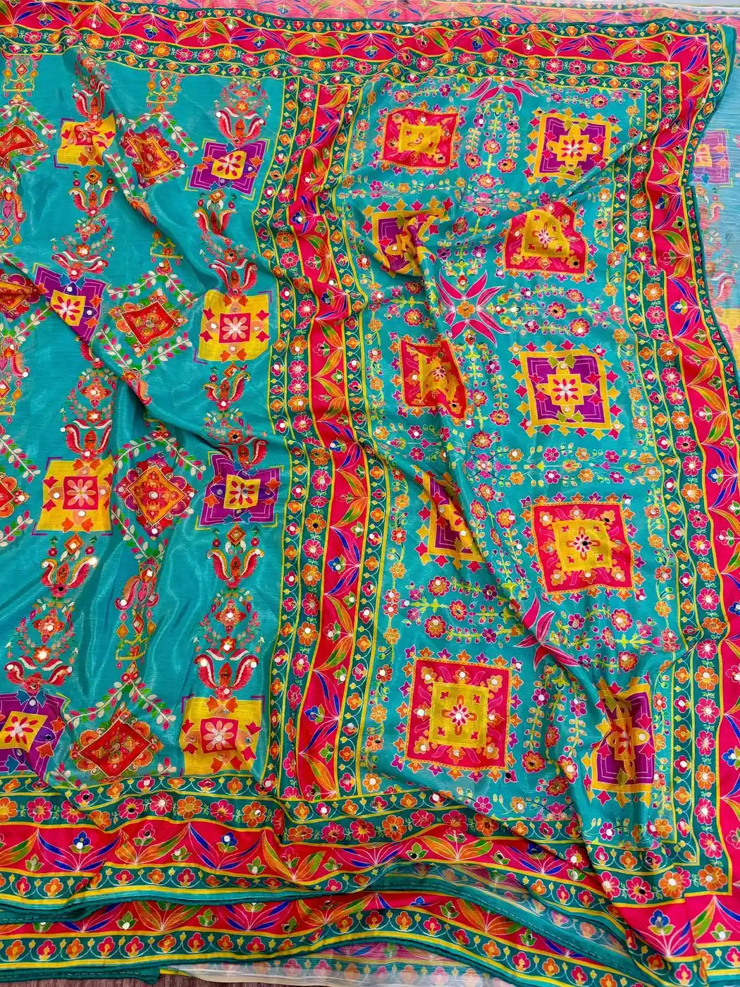 Peacock Blue Chinon Printed Saree with Real Mirror Work 4