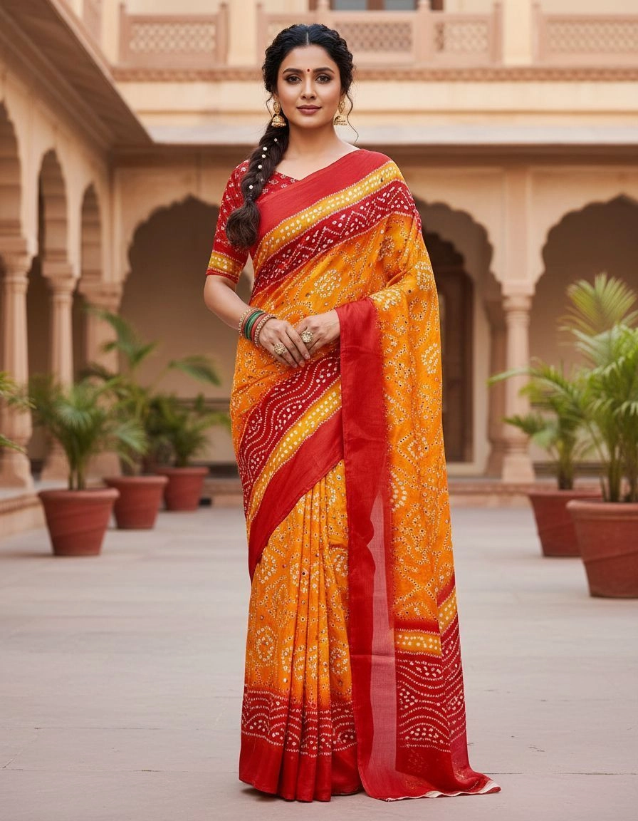 Royal Bandhani Chinon Saree with Real Mirror Embellishments 1