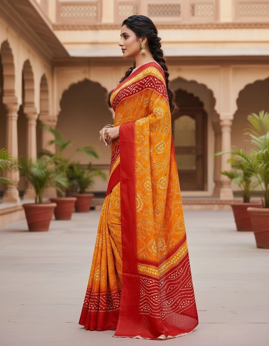 Royal Bandhani Chinon Saree with Real Mirror Embellishments 2