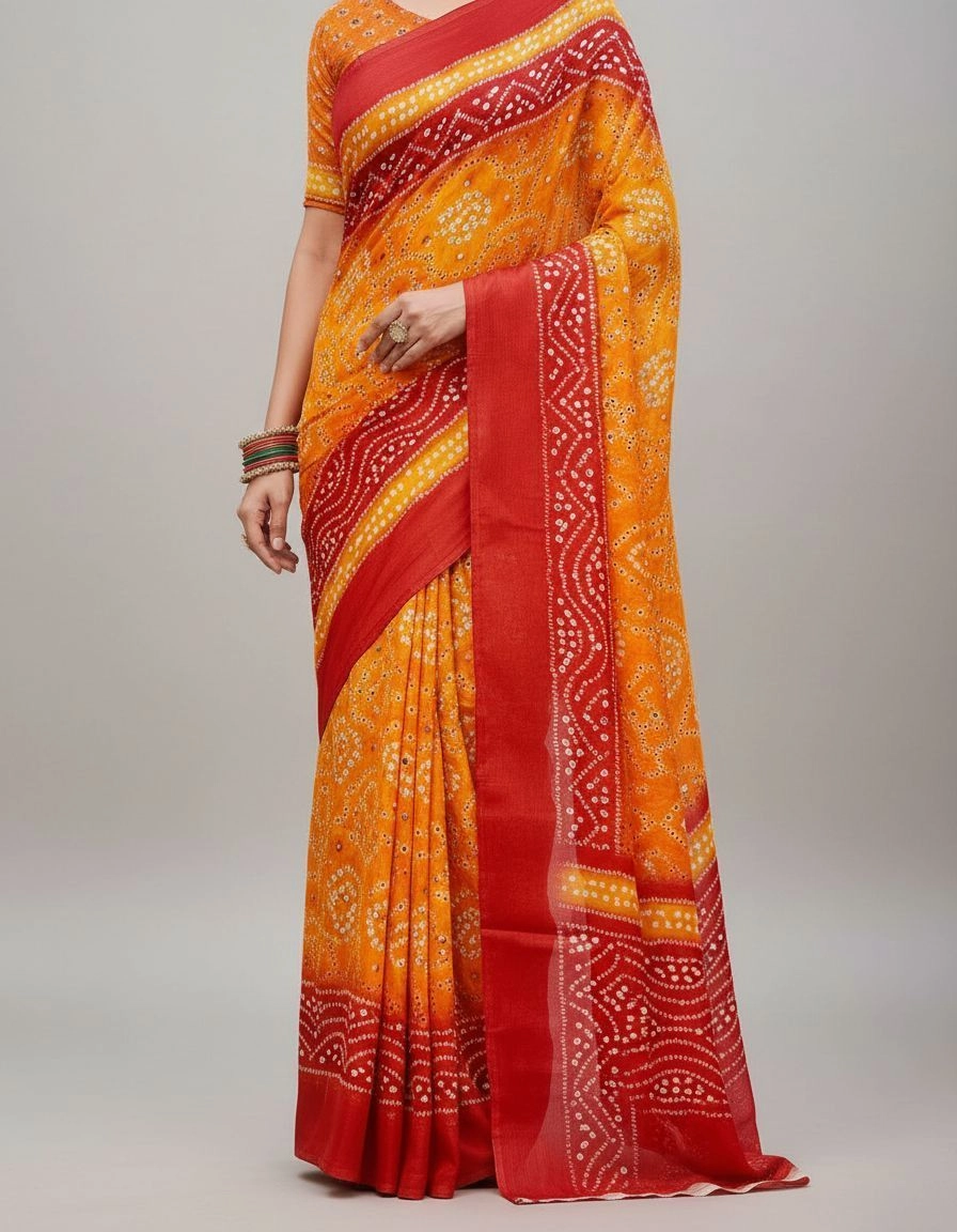 Royal Bandhani Chinon Saree with Real Mirror Embellishments 3