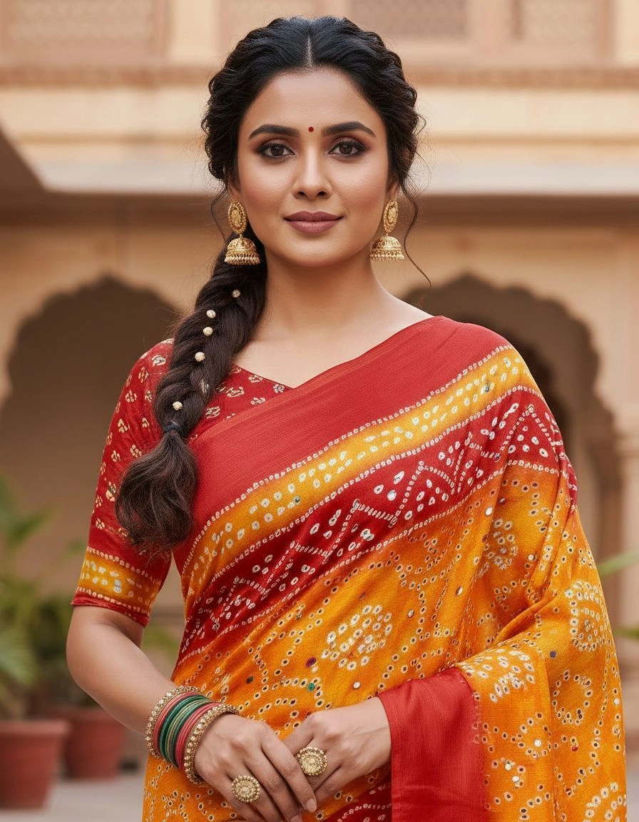 Royal Bandhani Chinon Saree with Real Mirror Embellishments 4