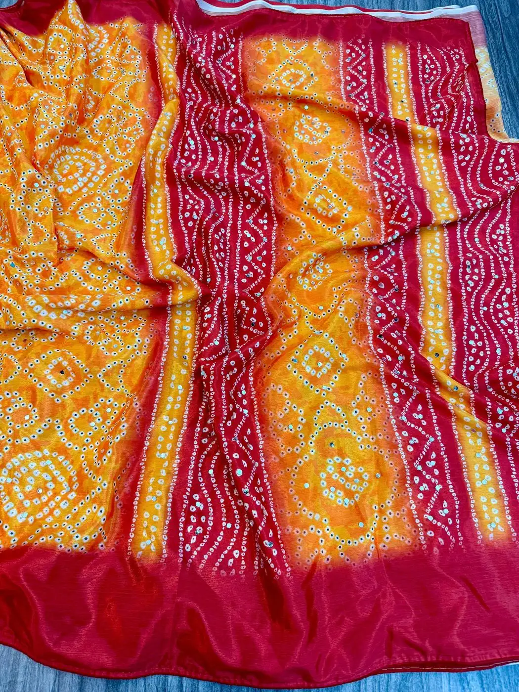 Royal Bandhani Chinon Saree with Real Mirror Embellishments 5