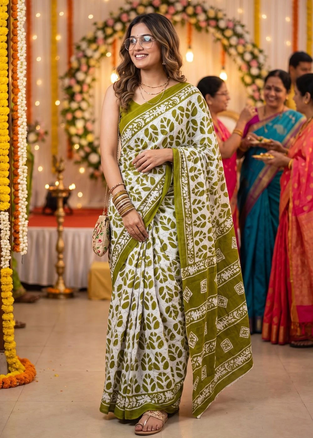 Olive-Green Hand Block Print Cotton Mulmul Saree 1