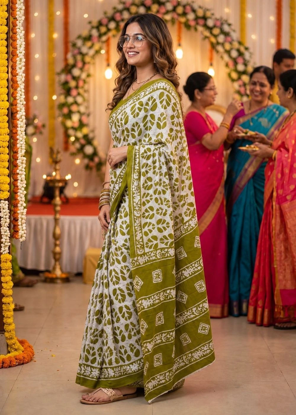 Olive-Green Hand Block Print Cotton Mulmul Saree 2