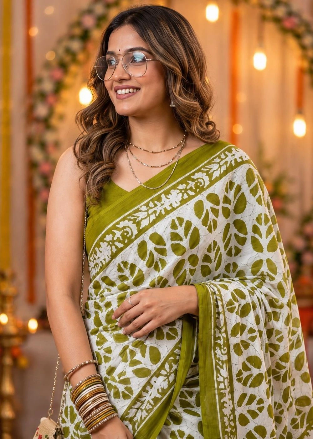 Olive-Green Hand Block Print Cotton Mulmul Saree 3