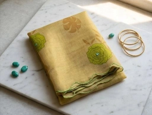 Olive Gold with Green Floral Accents Saree