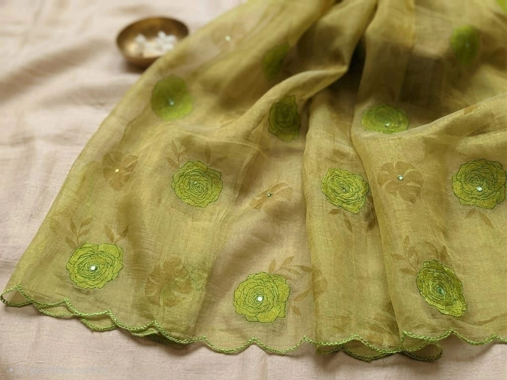 Olive Gold with Green Floral Accents Saree