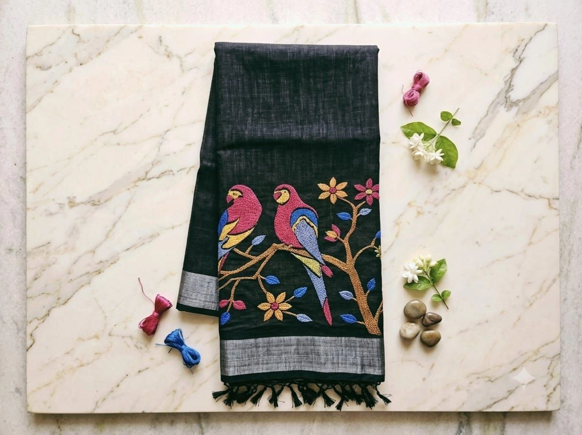 Premium, breathable charcoal-black linen with a rich natural texture saree 3
