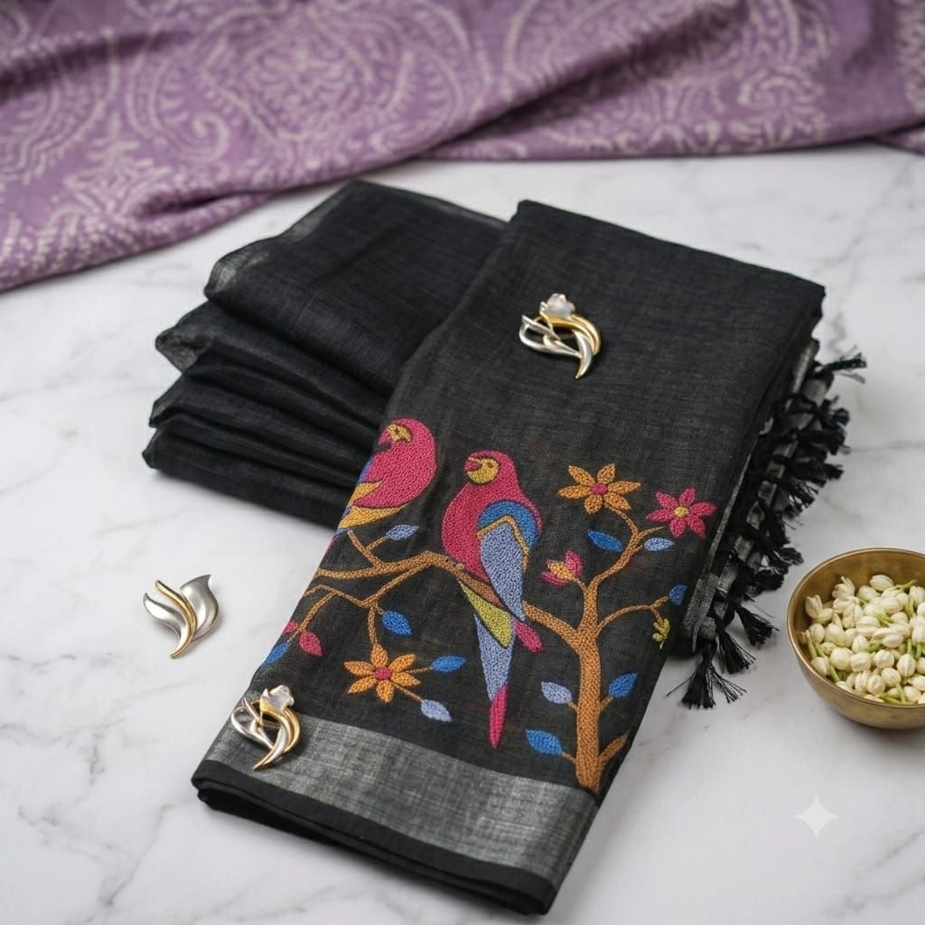 Premium, breathable charcoal-black linen with a rich natural texture saree 5
