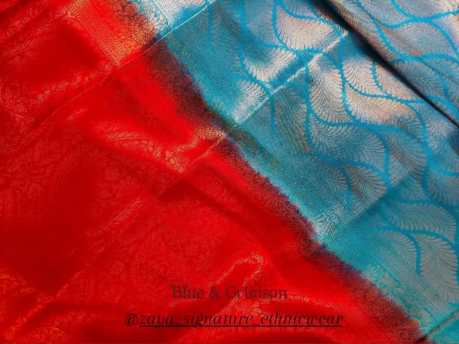 Ocean Blue & Crimson Contrast Saree