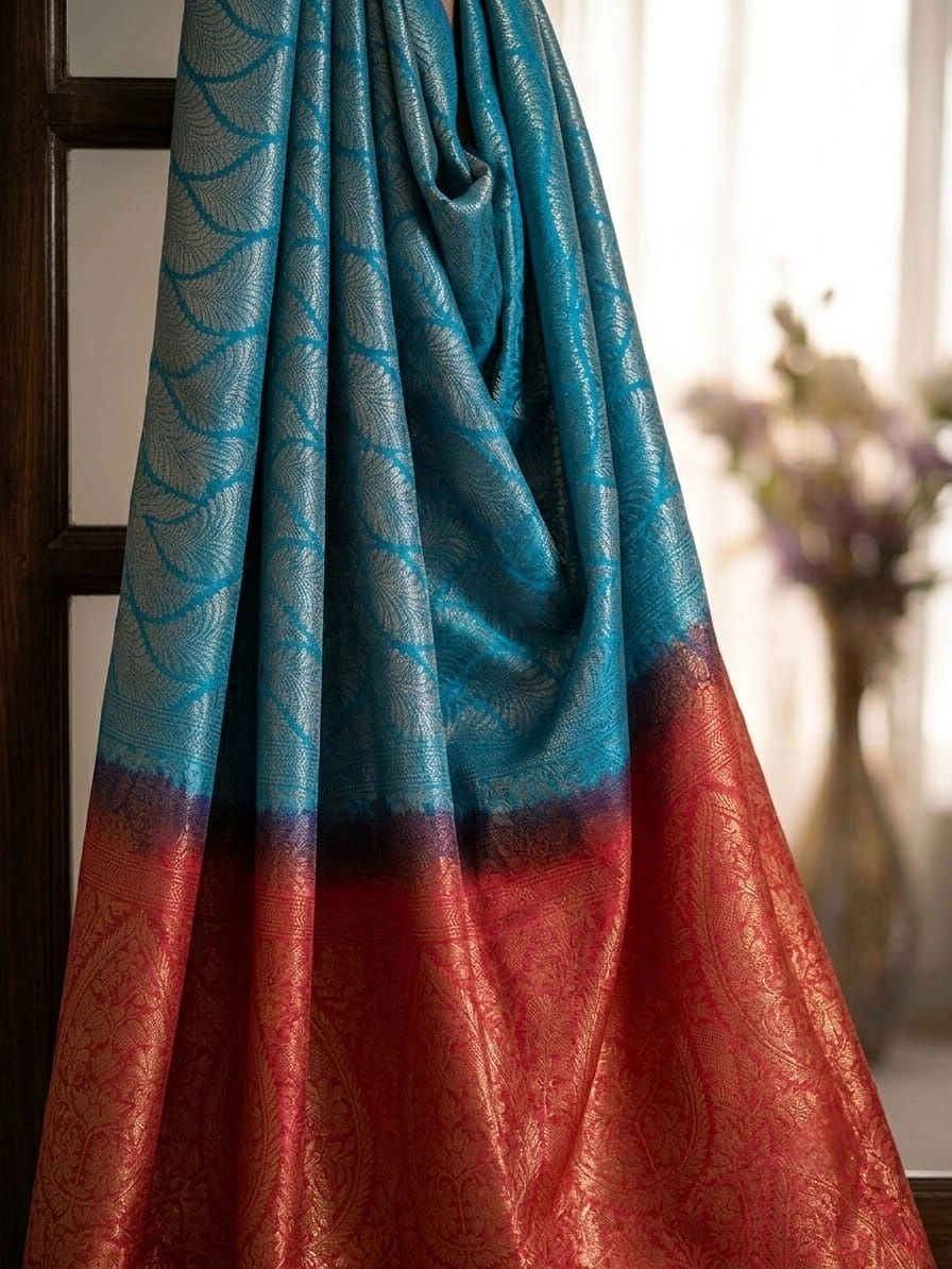 Ocean Blue & Crimson Contrast Saree 3