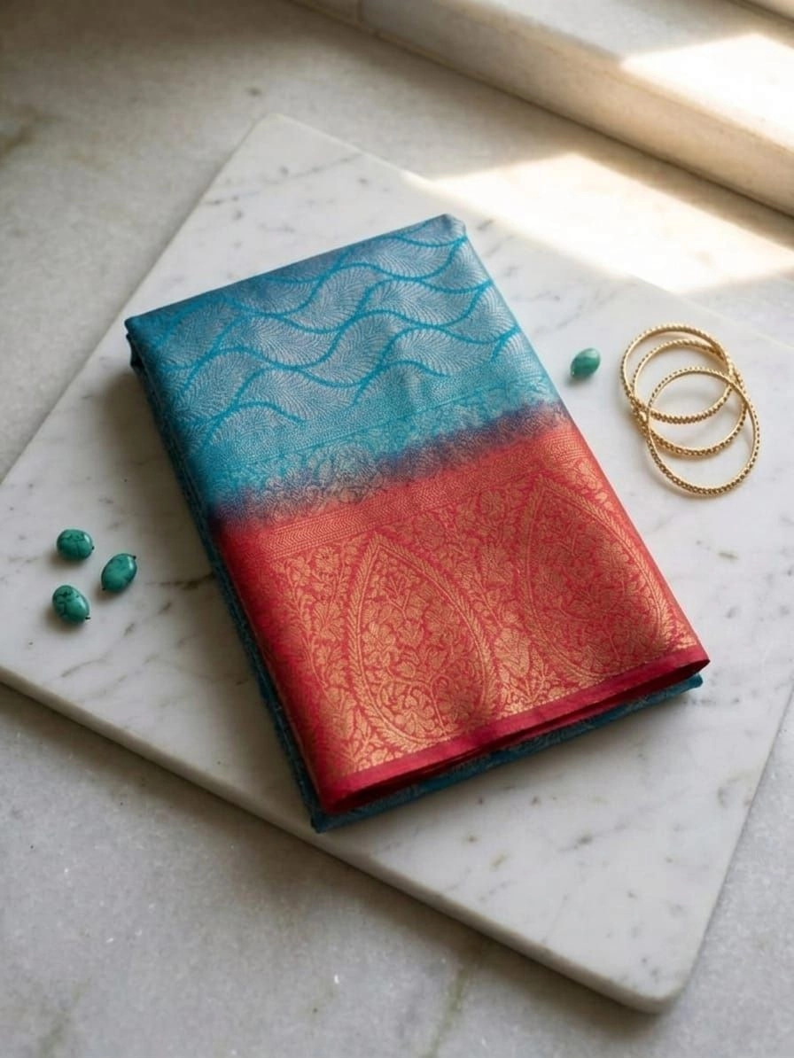 Ocean Blue & Crimson Contrast Saree