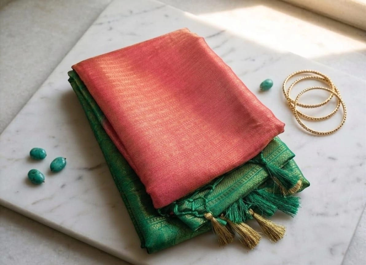 Coral Pink & Emerald Green Contrast Saree