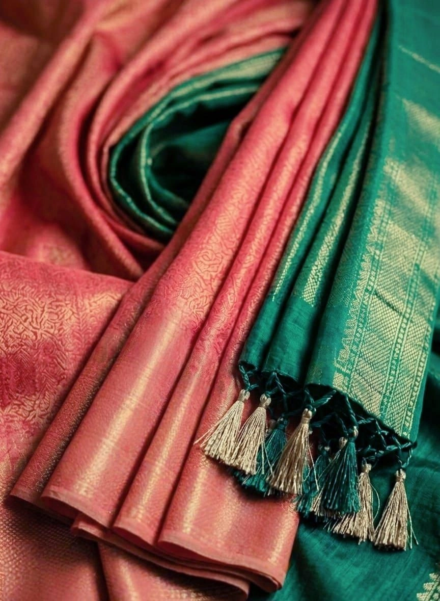Coral Pink & Emerald Green Contrast Saree