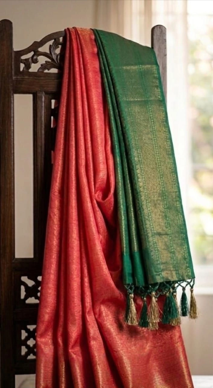 Coral Pink & Emerald Green Contrast Saree 3