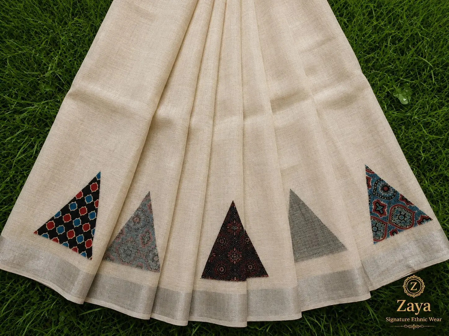 Ajrakh Patchwork Linen Saree – Ivory Heritage