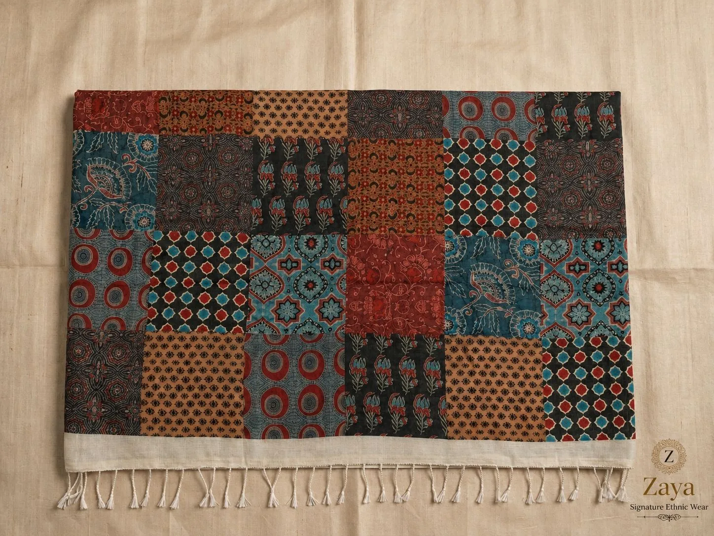 Ajrakh Patchwork Linen Saree – Ivory Heritage 3