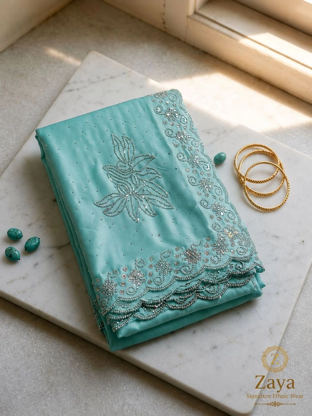 Icy Aqua Glitz Silk Saree