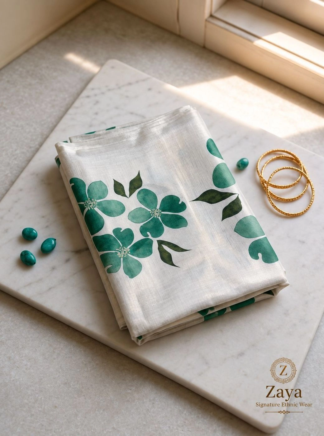 Emerald Watercolor Tussar Linen Saree 1