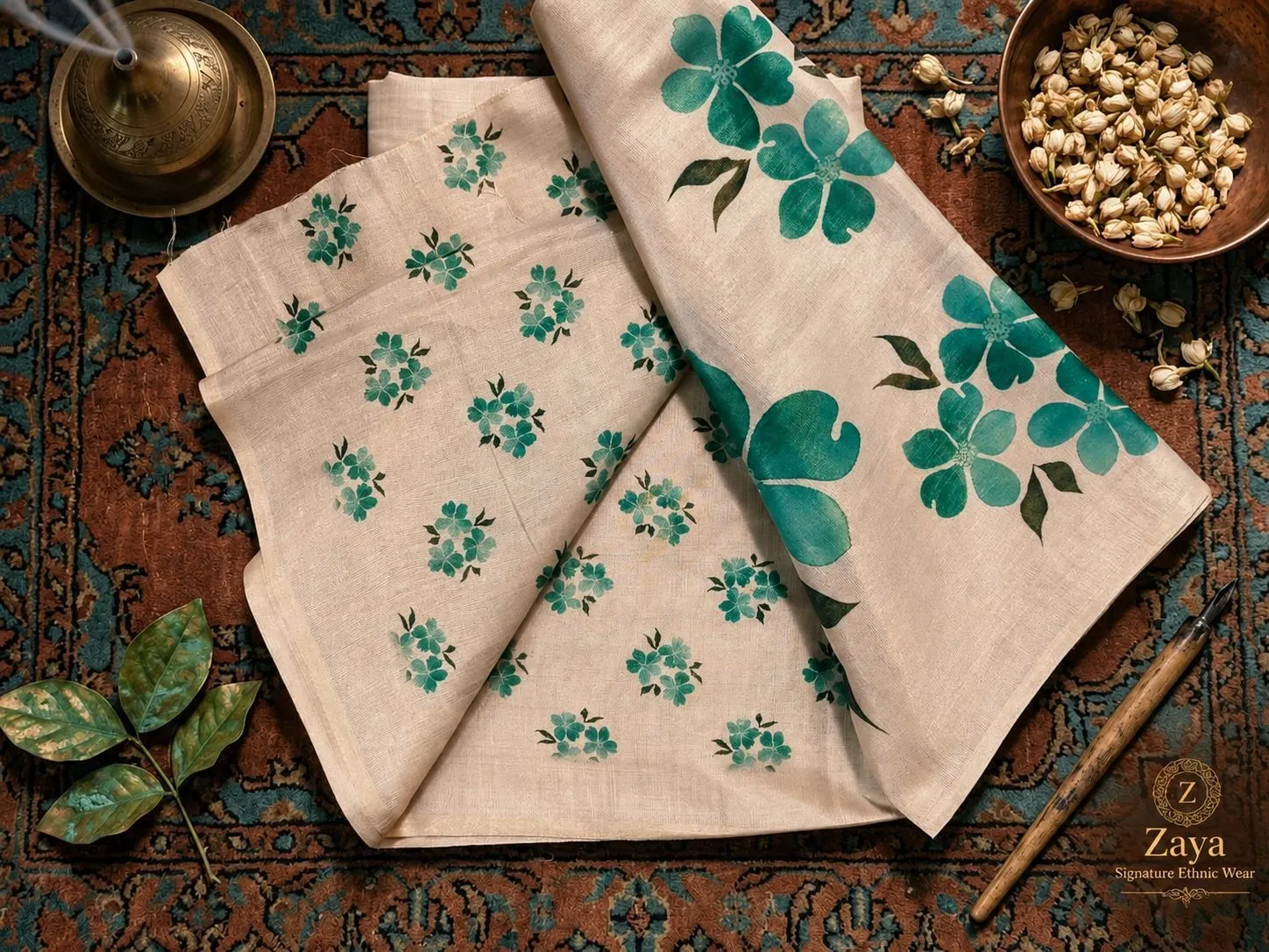 Emerald Watercolor Tussar Linen Saree 2