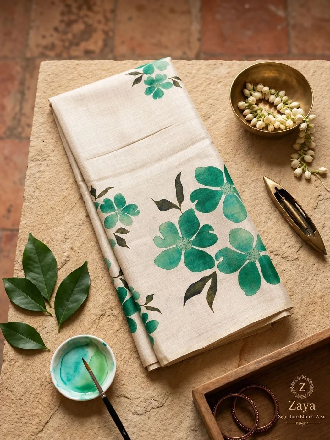 Emerald Watercolor Tussar Linen Saree 3