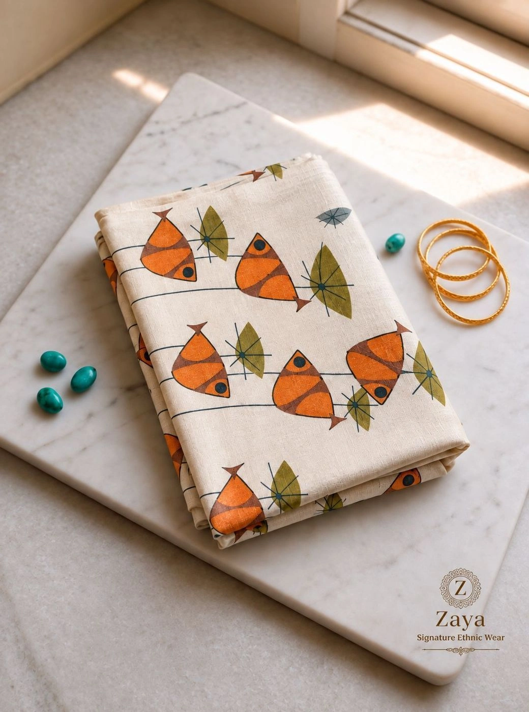 Modern Fish Motif Linen-Cotton Saree 1