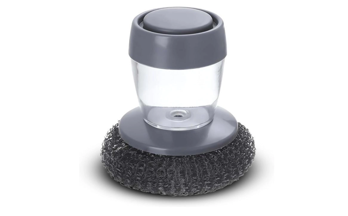 Dish Washer Brush with Push Soap Dispenser, Palm Grip Dish Scrubber with Steel Scouring Pad for Kitchen Tools (Pack of 1) 1