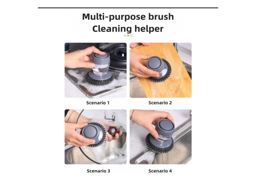 Dish Washer Brush with Push Soap Dispenser, Palm Grip Dish Scrubber with Steel Scouring Pad for Kitchen Tools (Pack of 1) 2