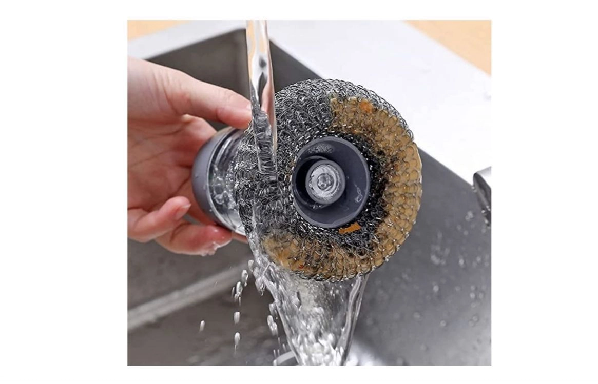 Dish Washer Brush with Push Soap Dispenser, Palm Grip Dish Scrubber with Steel Scouring Pad for Kitchen Tools (Pack of 1) 3