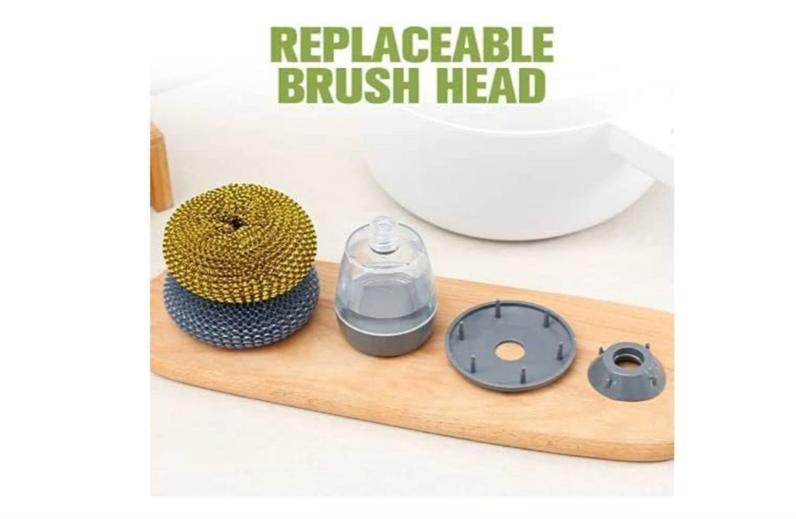 Dish Washer Brush with Push Soap Dispenser, Palm Grip Dish Scrubber with Steel Scouring Pad for Kitchen Tools (Pack of 1) 5