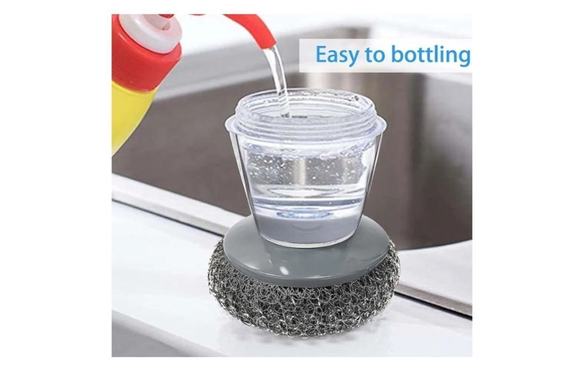 Dish Washer Brush with Push Soap Dispenser, Palm Grip Dish Scrubber with Steel Scouring Pad for Kitchen Tools (Pack of 1) 6