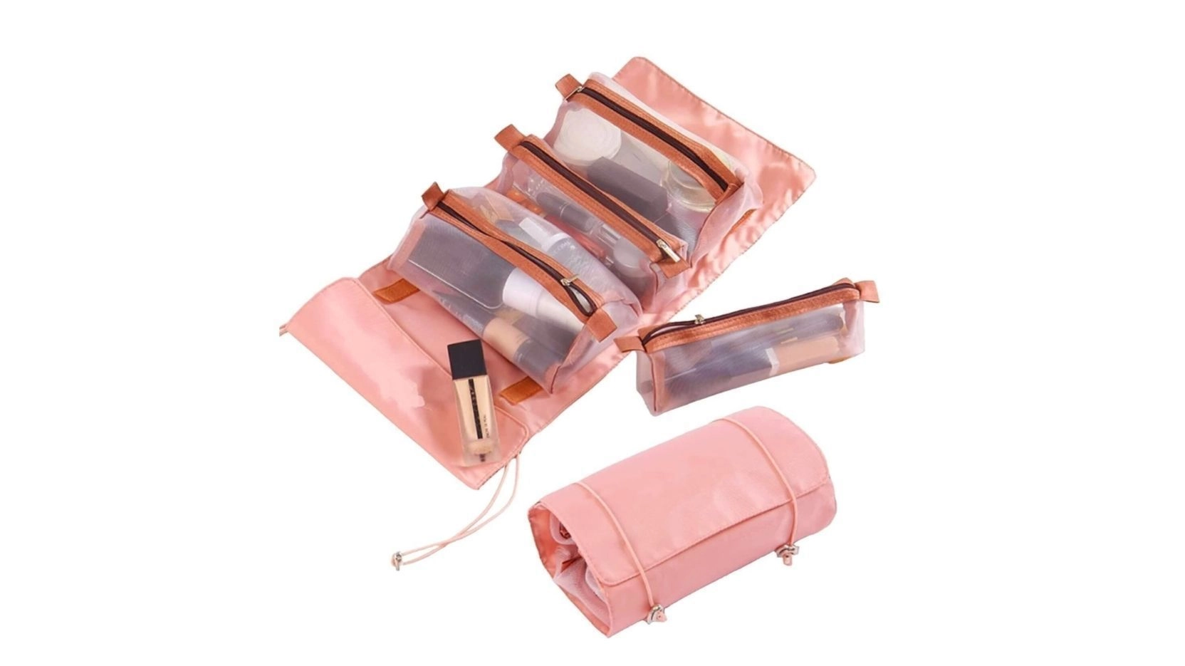 Foldable Makeup Pouch Bag with Clear Compartments, Multi-Section Makeup Storage Case, Cosmetic Bag, Pink Color 1