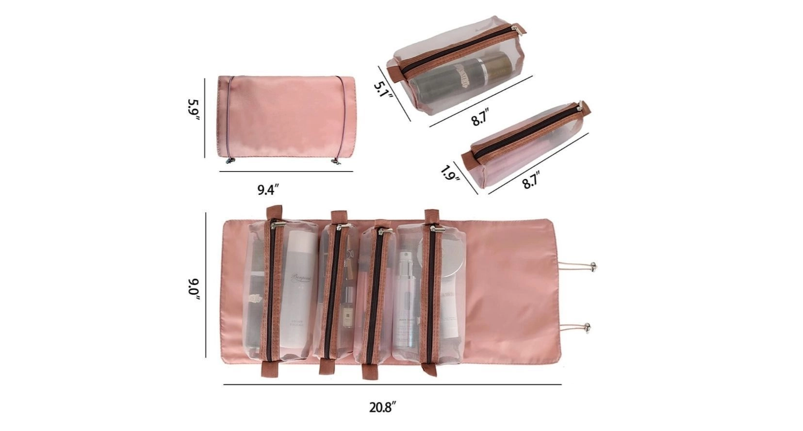 Foldable Makeup Pouch Bag with Clear Compartments, Multi-Section Makeup Storage Case, Cosmetic Bag, Pink Color 2